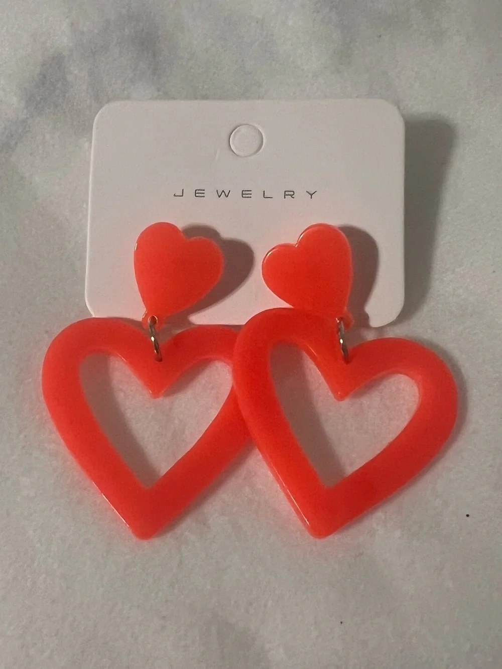 5/$25 Neon Coral Acrylic Double Heart Drop Earrings – Brand New